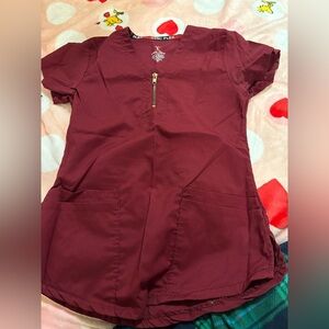 Maroon Zip-Front Scrub Top